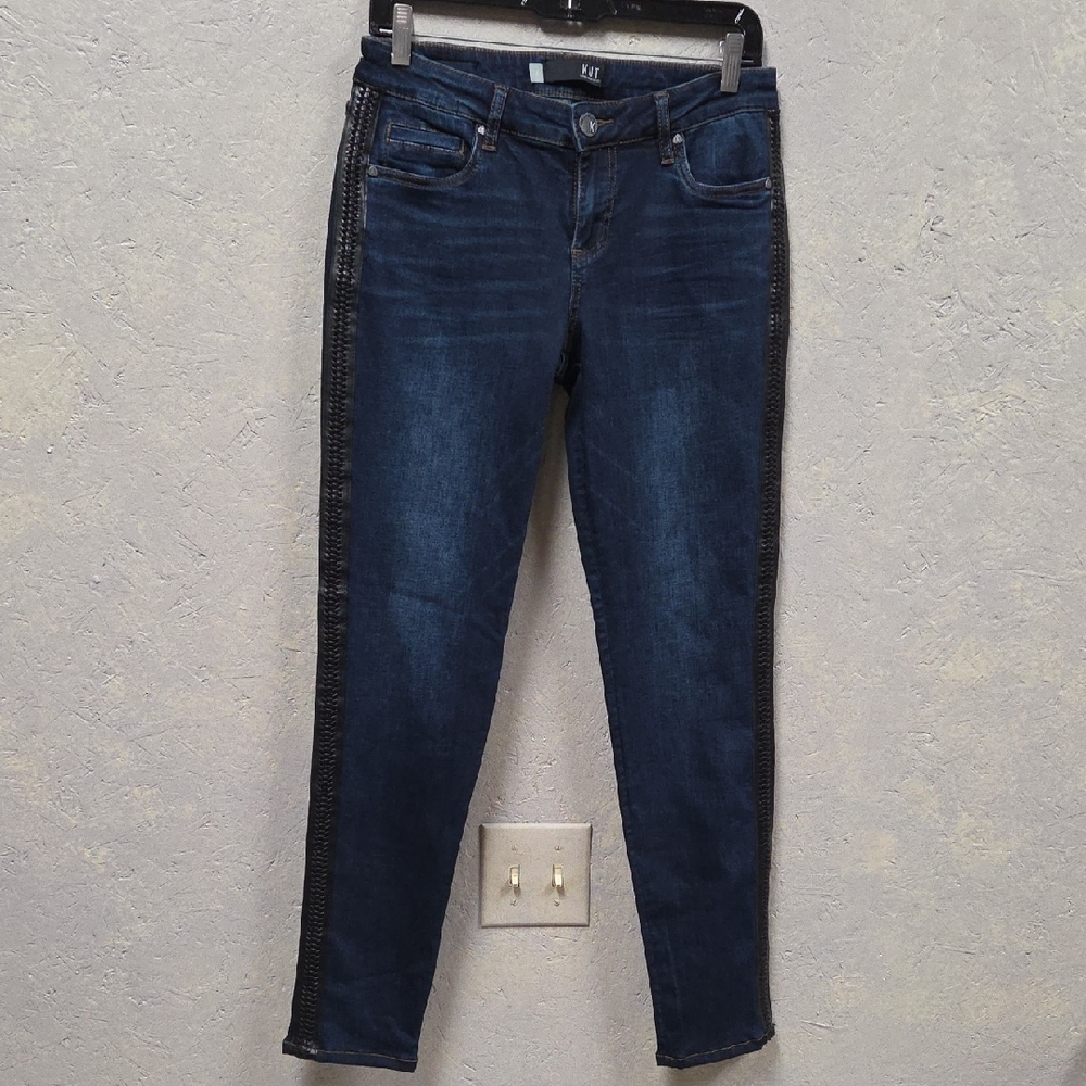 Kut from the Kloth Dark Blue Skinny Jeans With Faux Leather Strip Down Side Sz 4